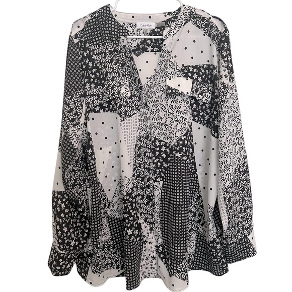 Calvin Klein‎ Woman Black White Button Up Blouse Roll Tab Sleeve Size 1X NWOT - Picture 1 of 5